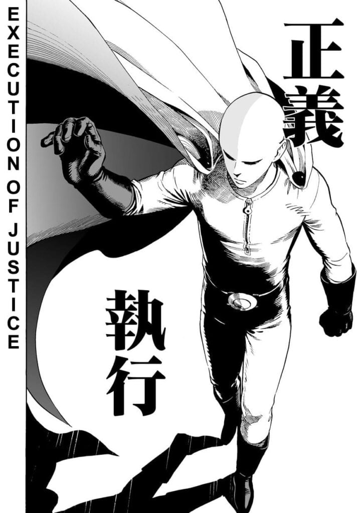 Bald hero Saitama with cape walking.