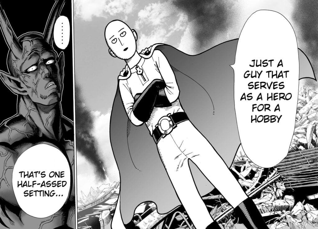 Our main character Saitama introducing himself as a guy that serves as a hero for a hobby.