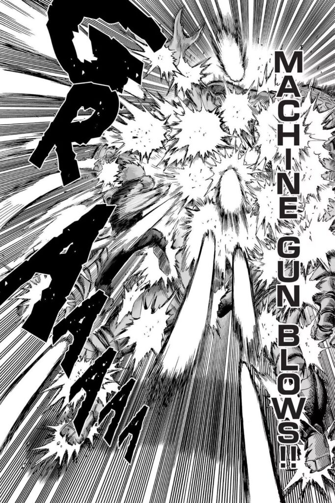 Genos attacks Carnage Kabuto with a barrage of punches called "Machine Gun Blows".