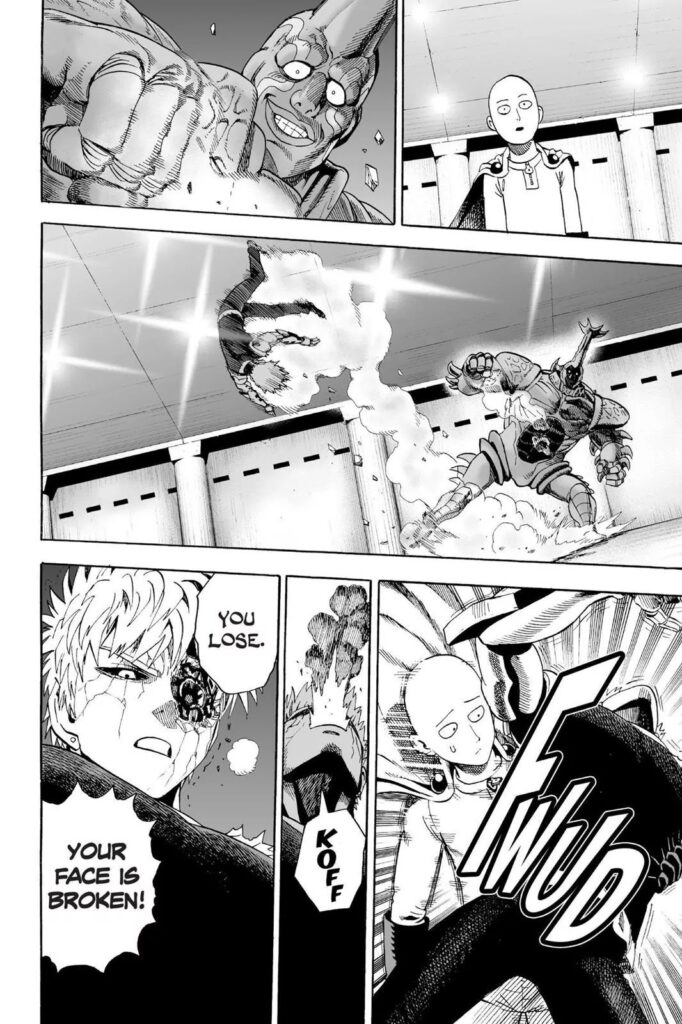 Genos bounced back from the floor due to the strong punch he received and fell on his Sensei's arms.