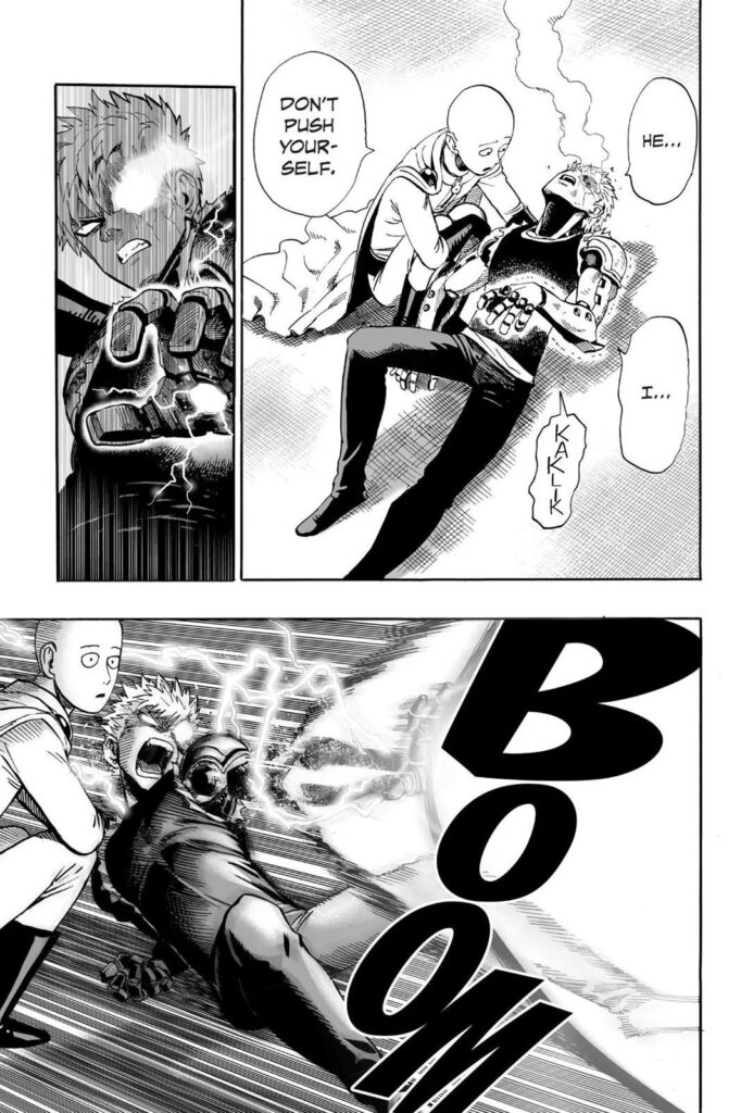 Saitama approaches Genos and lets out another energy blast trying to destroy his opponent.