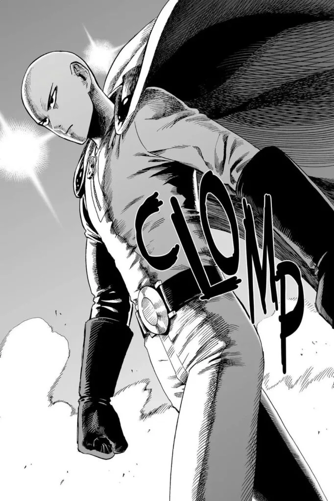 Saitama walks seriously while his cape dances as the wind blows.