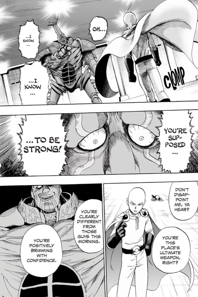 Saitama approaches the monster, who starts mocking him, and lectures him.