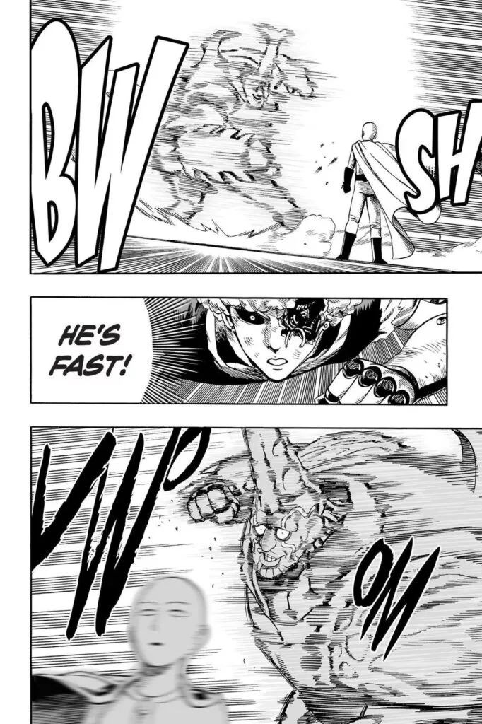 Carnage Kabuto attacks and quickly gets behind Saitama for a super punch while Genos watches with worry.