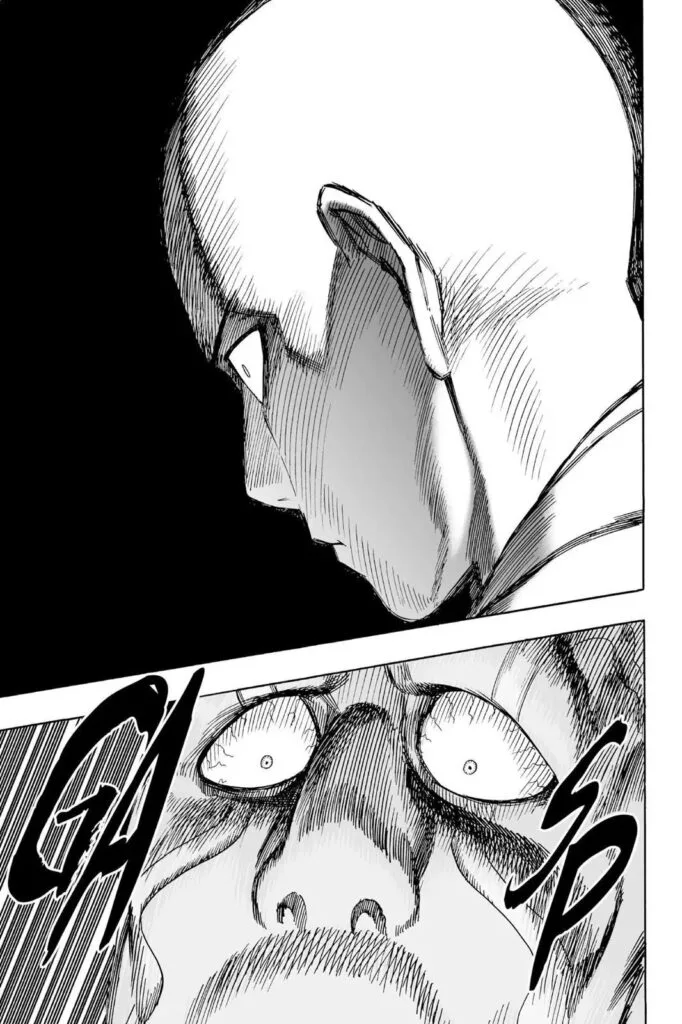 Saitama gives a serious expression while the monster looks afraid.