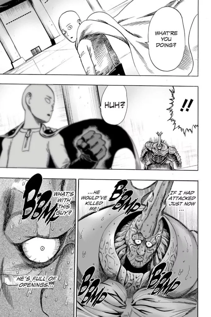 Saitama gives a dumb look while Carnage Kabuto seemed worried and afraid.