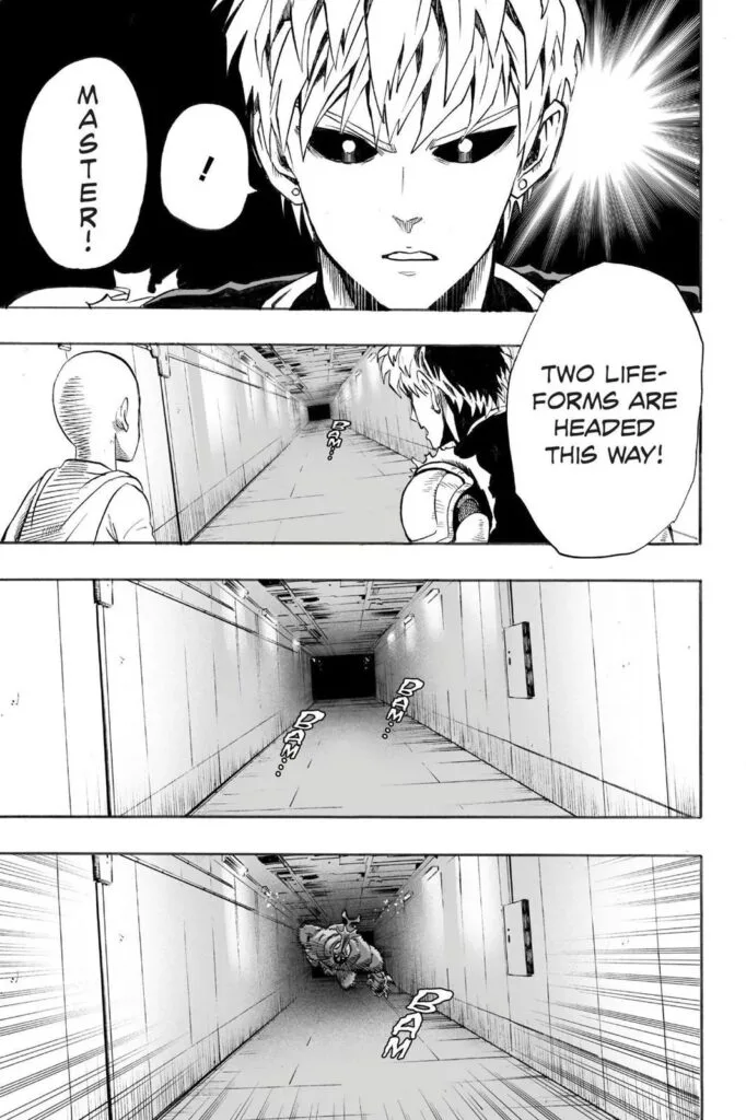 Genos getting alerted about a fast approaching monster in the hallway.