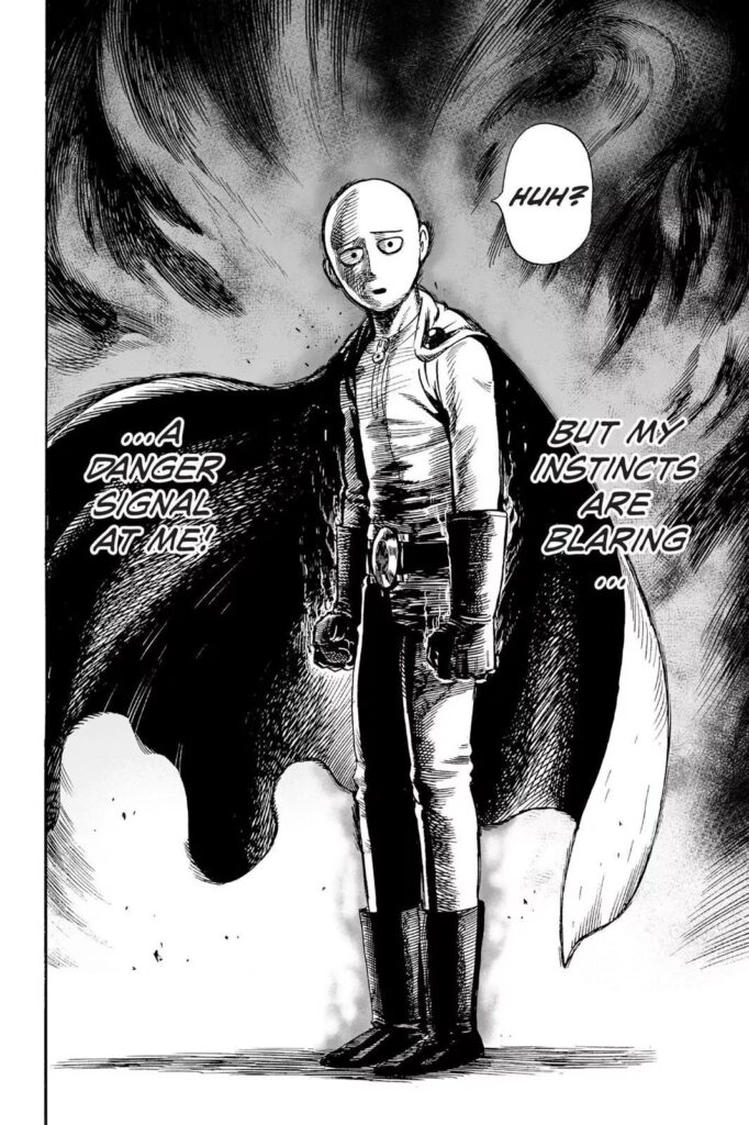 Another dumb look from Saitama's face wondering why the monster backed off. But his aura looks sinister.