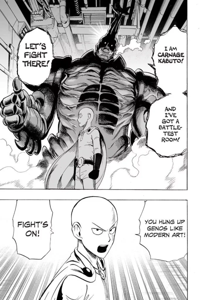 Carnage Kabuto looking terrifyingly overconfident while Saitama looks a little peeved.