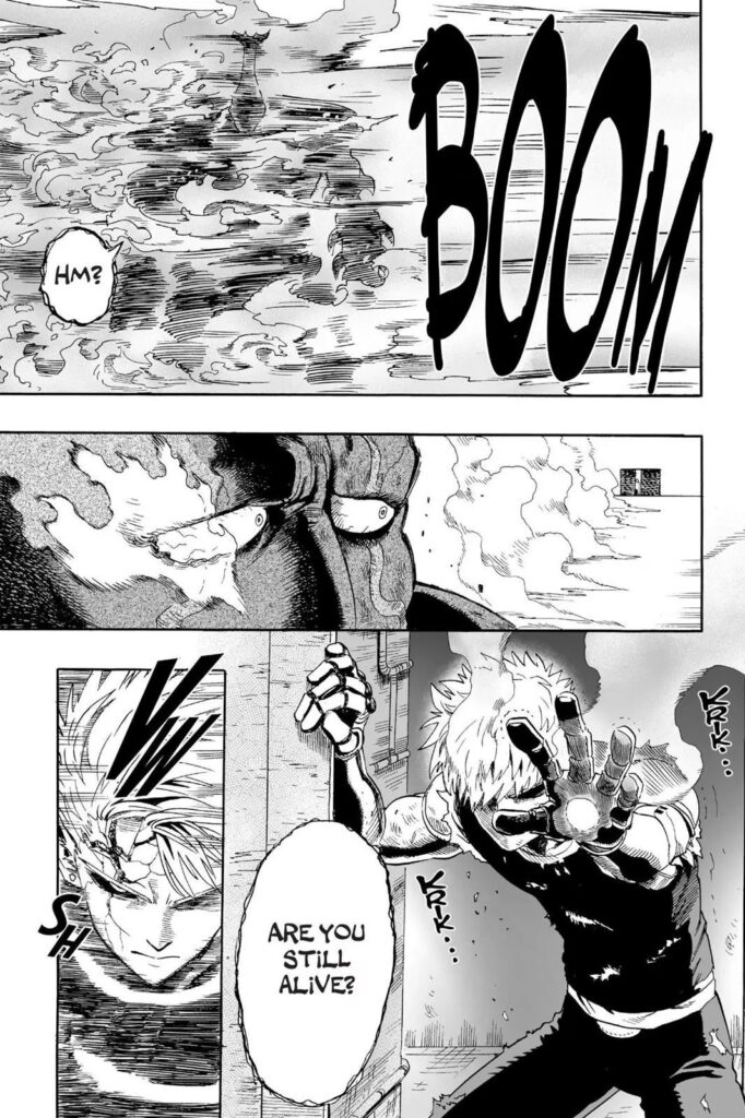 Genos tries to incinerate Carnage Kabuto but with no effect.