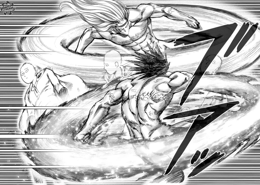 Saitama effectively dodges Gale Wind and Hellfire Flame's kick attacks.