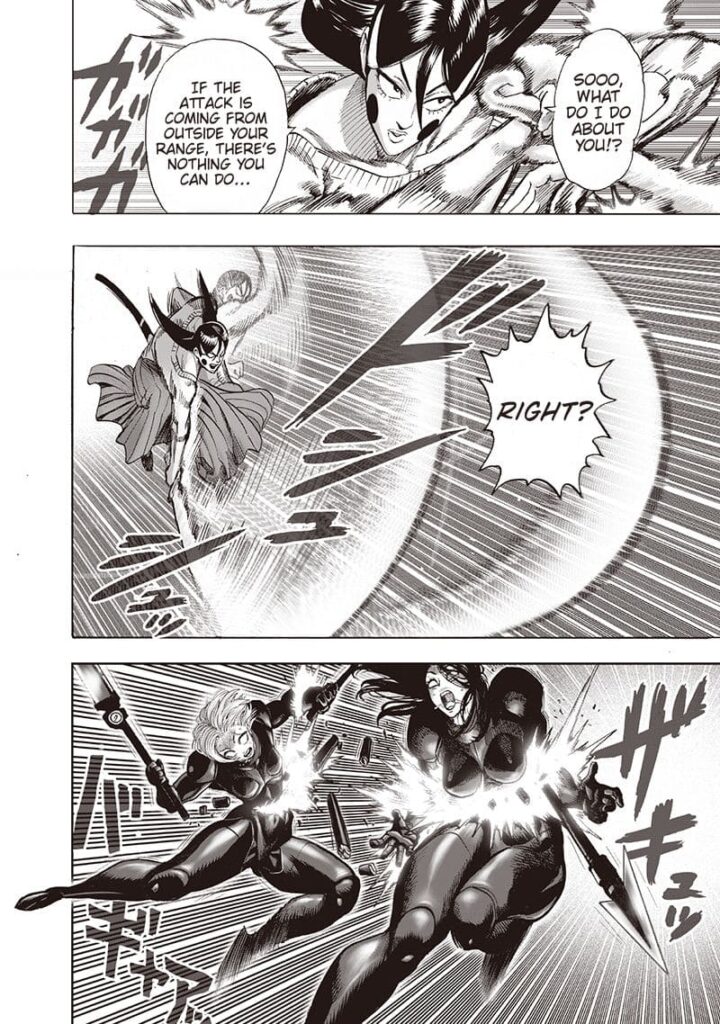 Okamaitachi releases a wind-slash attack using her sword, damaging the two lady soldiers' suits and weapons.