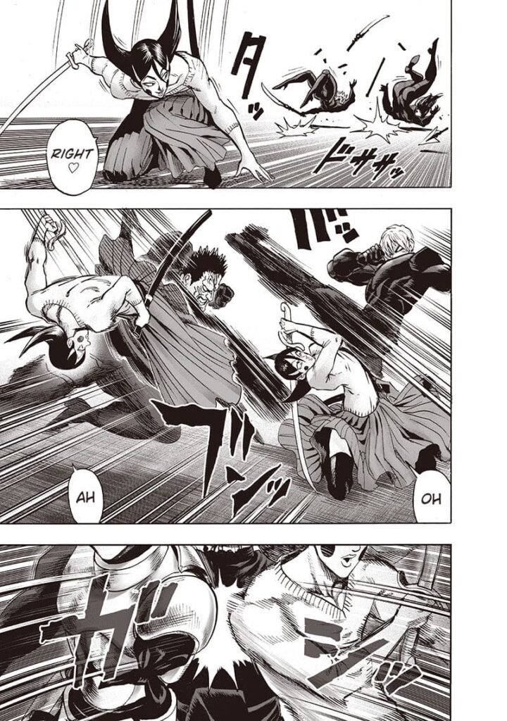 The two lady soldiers fall down, but two more soldiers attack Okamaitachi, prompting her to dodge.