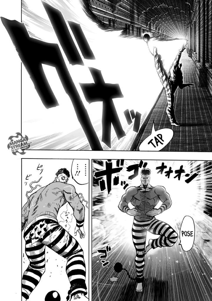 Puri-Puri Prisoner dodges and poses but turns around after realizing his pants are damaged.