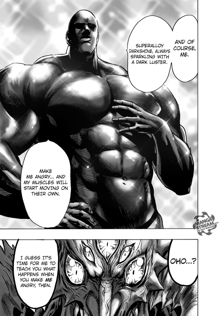 Bug God is angry, with his eyes glaring while looking at Superalloy Darkshine posing with his shiny muscles.