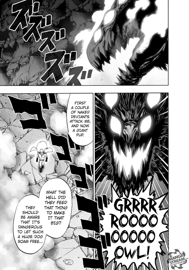 Cut to the scene, the monster dog Rover glows his eyes while roaring as Saitama walks on the rubbles below.