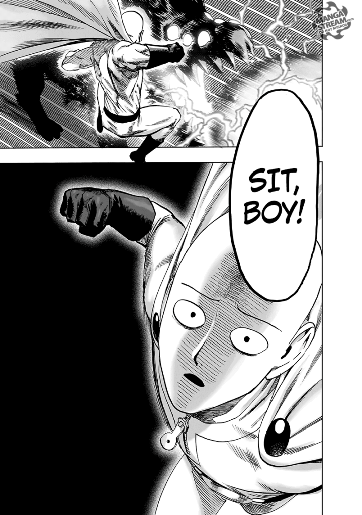 Saitama clenches his fist as he plans to punch Rover.