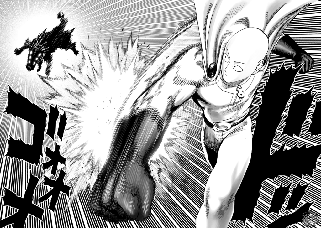 Saitama punches the monster dog Rover, who gets thrown away.