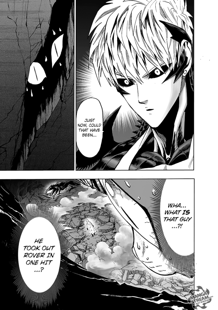 Nyan peeks from the wall cracks and sees Rover lying down after Saitama punches him. Genos wonders in another room.