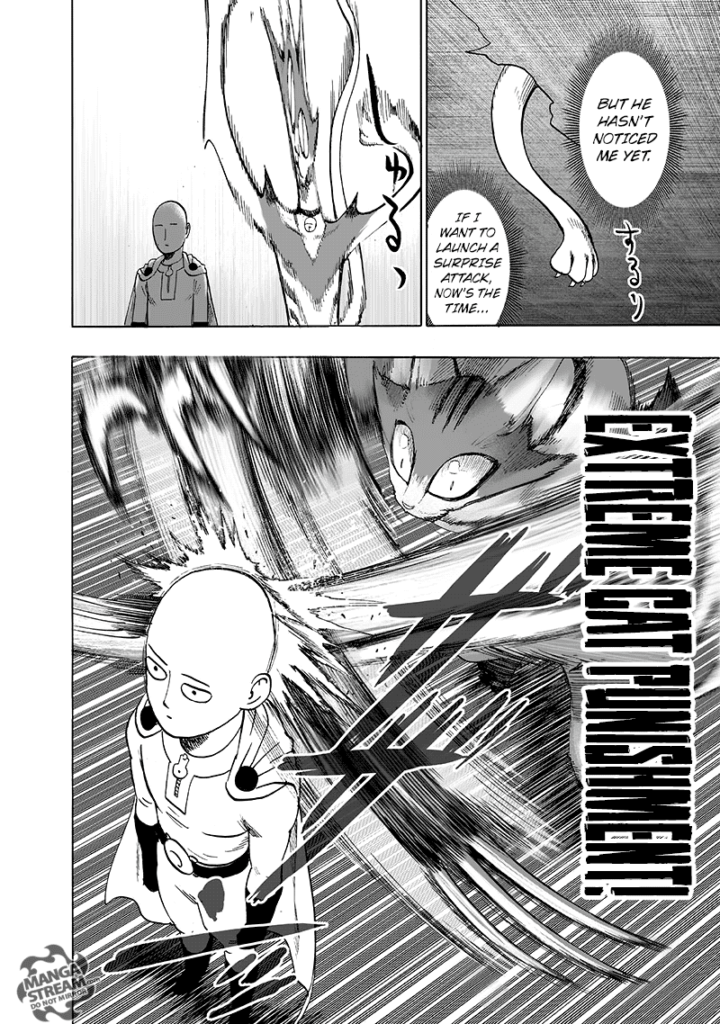 Nyan slides from the crack and scratches Saitama's head from behind using an attack called "Extreme Cat Punishment".