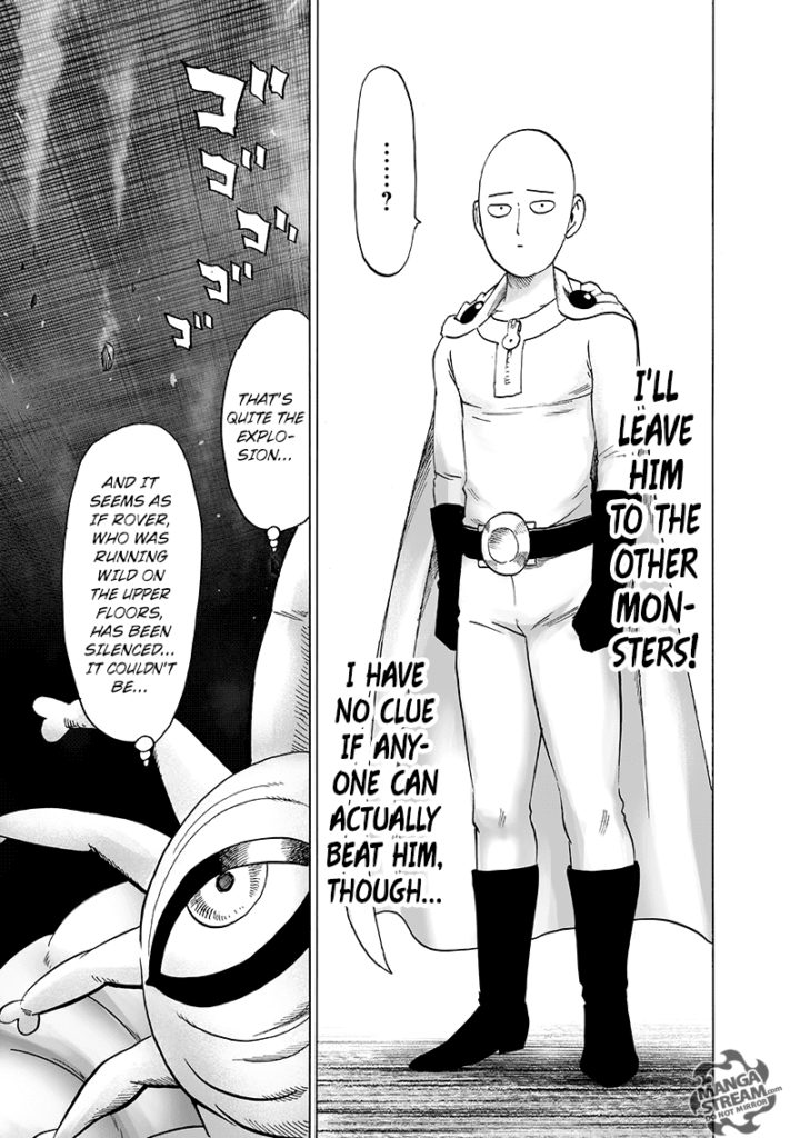 Saitama stands with his poker face while Gyoro-Gyoro feels Rover's presence in silence.