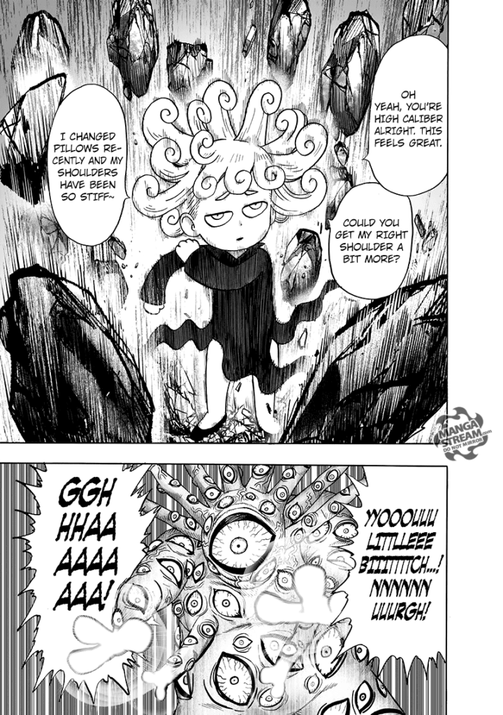 Tatsumaki, in a Chibi form, starts exercising his left arm amidst the crushing rocks around her. Gyoro-Gyoro is mad.