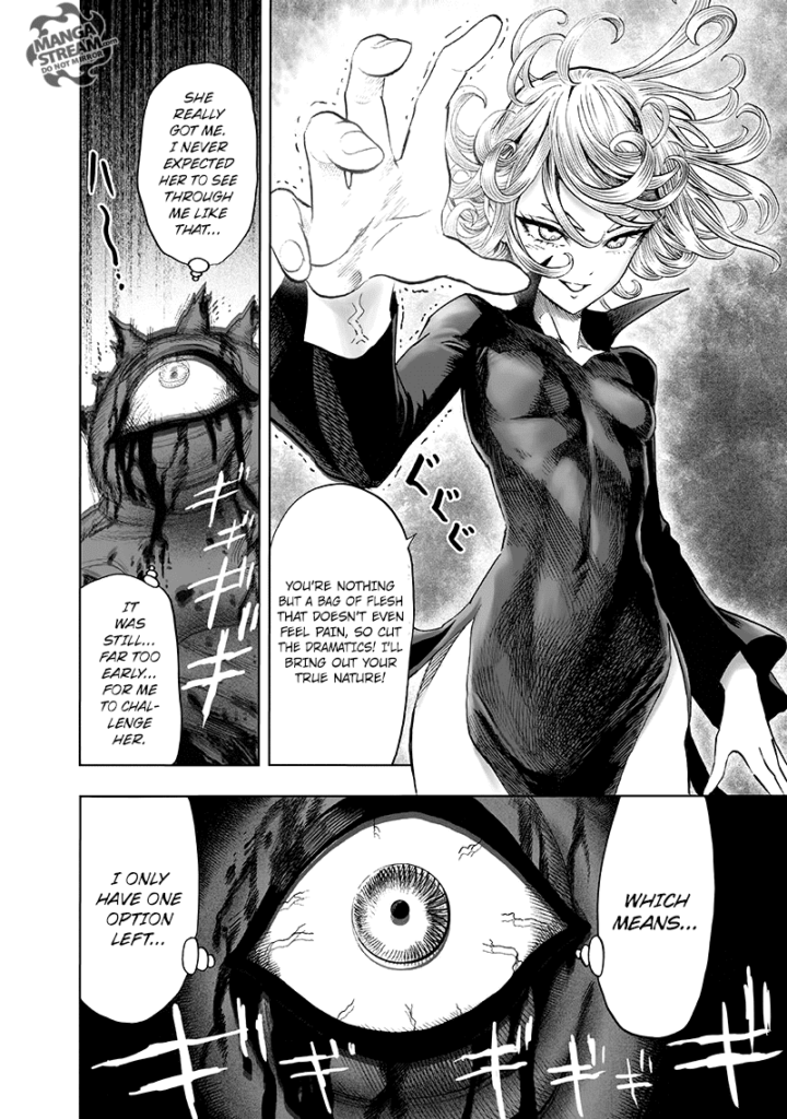 Tatsumaki's hand shivers as she adds more psychic power against Gyoro-Gyoro's bleeding eyes.