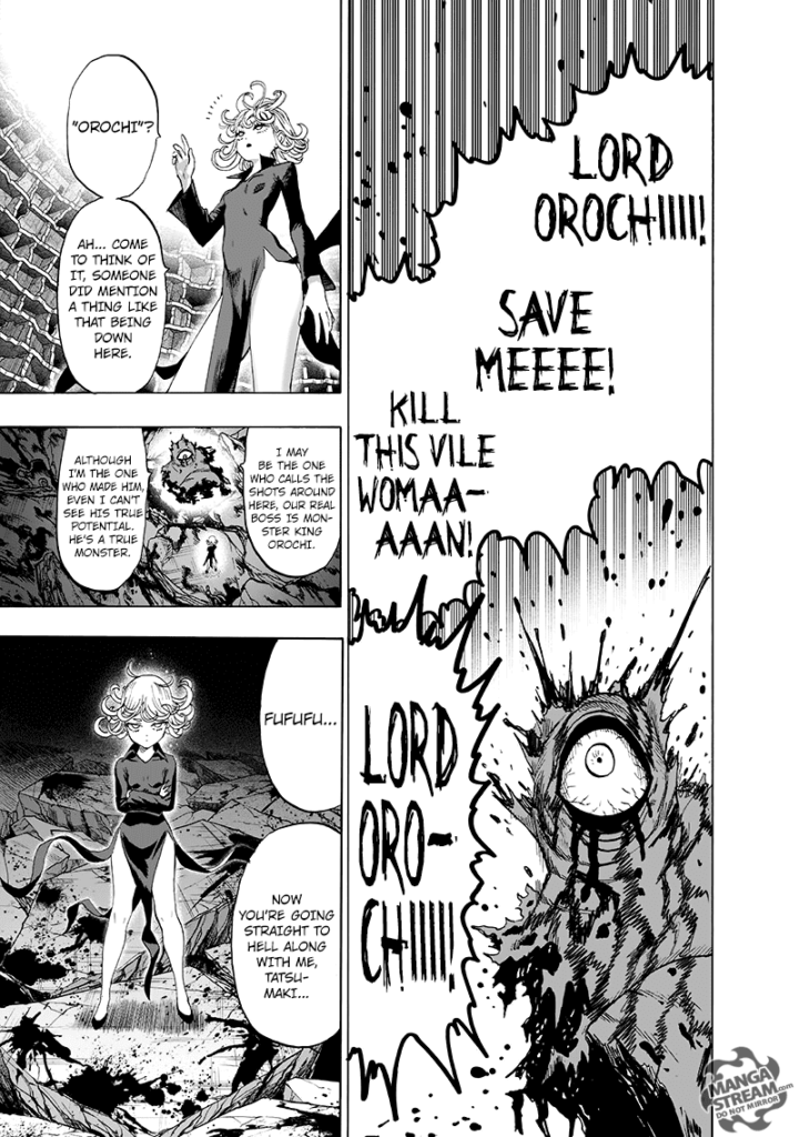 Gyoro-Gyoro screams while covered in blood as he calls for Monster King Orochi. Tatsumaki stands unafraid.