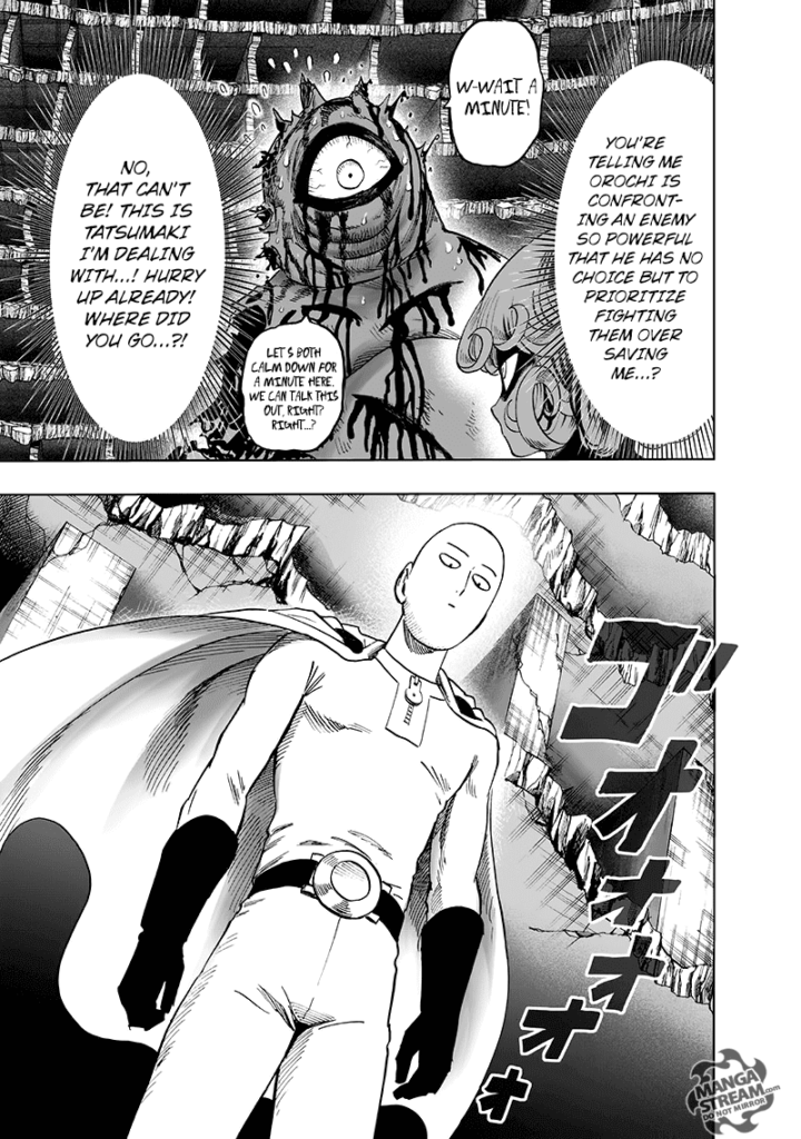 Gyoro-Gyoro is sweating while waiting for Orochi's response. Cut to the scene, Saitama is standing while looking below.