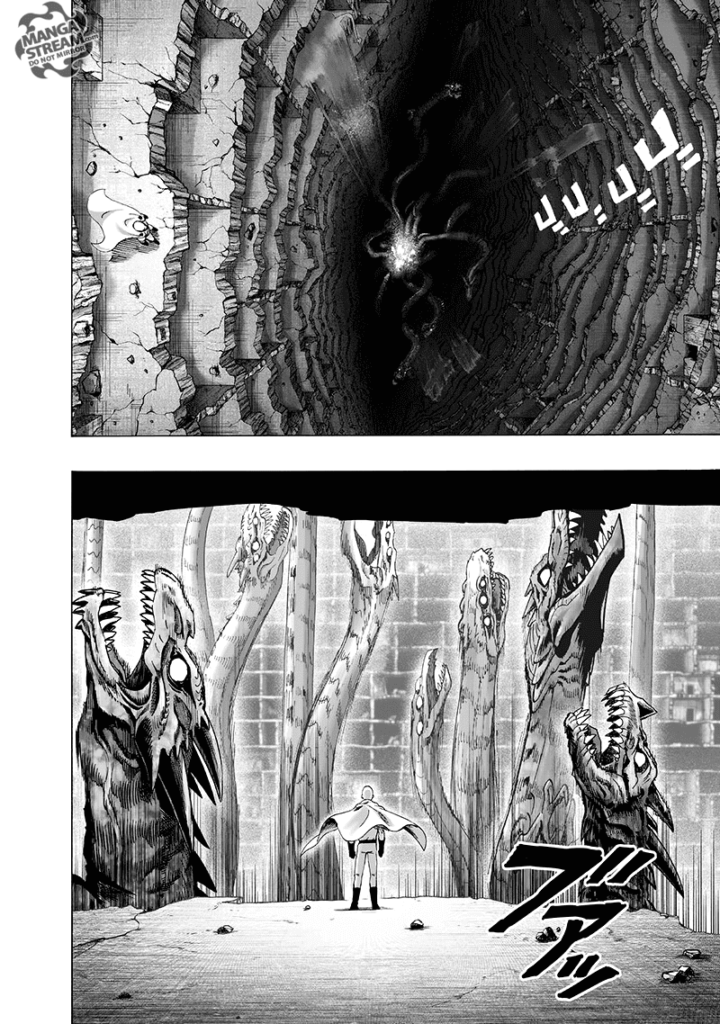 Saitama sees giant monster snakes coming from the bottom of the monster's base.