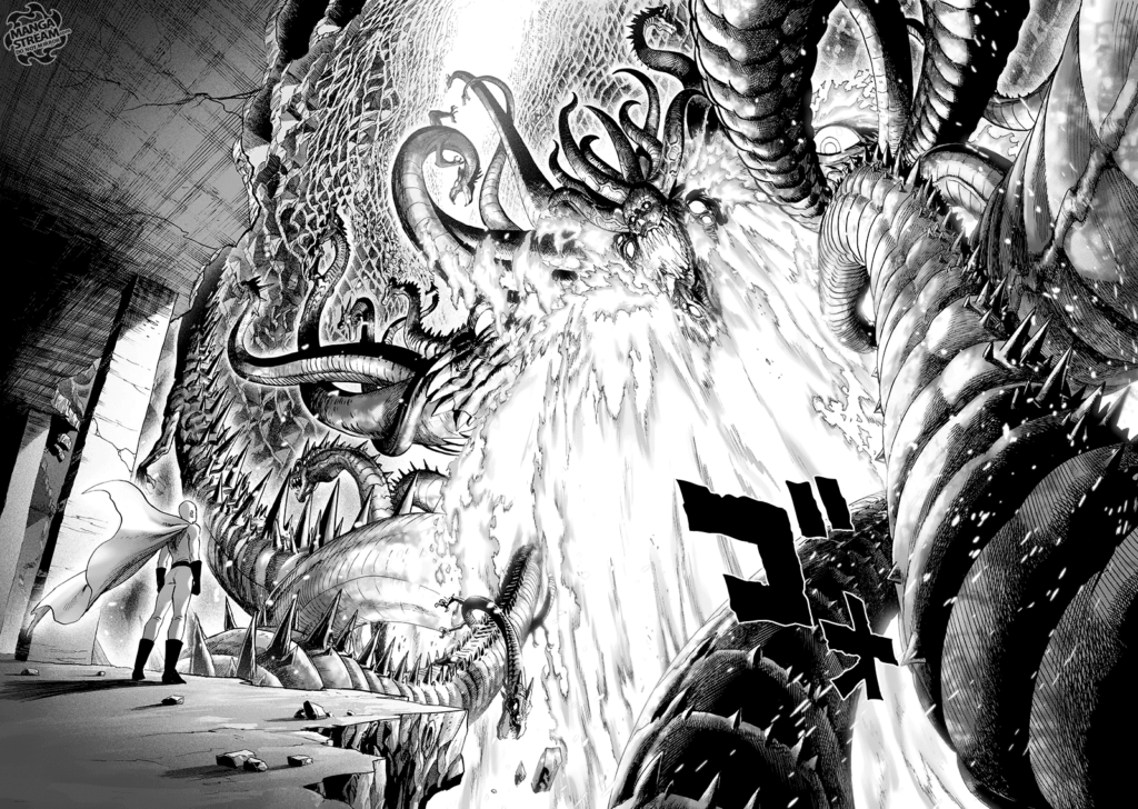 the terrifying Monster King Orochi shows up with giant snakes coming out of its body. Saitama looks very small in comparison.