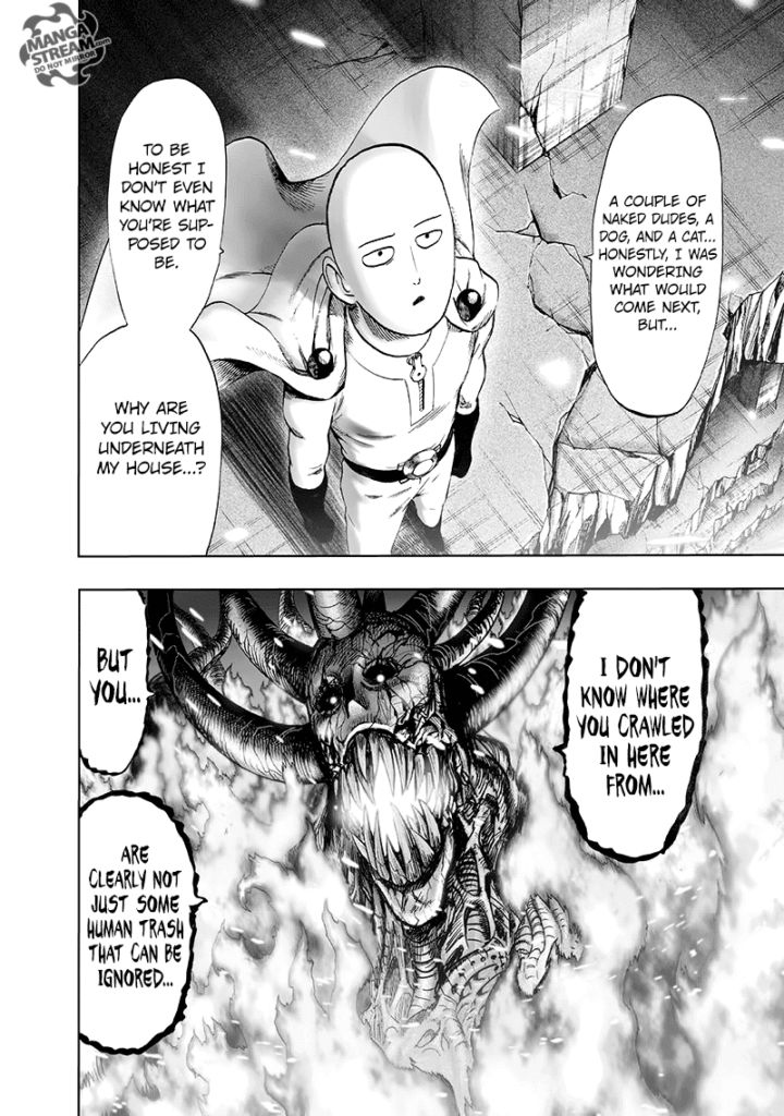 Saitama starts asking the flaming Orochi questions that's showing its sharp teeth.