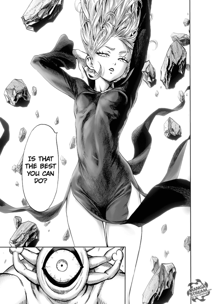 Tatsumaki, raising one hand in a sexy pose, hovers as the rocks float around her. Gyoro-Gyoro is surprised.