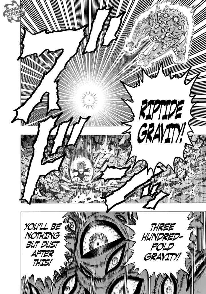 Gyoro-Gyoro attacks with a technique called "Riptide Gravity," pushing Tatsumaki down with three hundred-fold gravity.