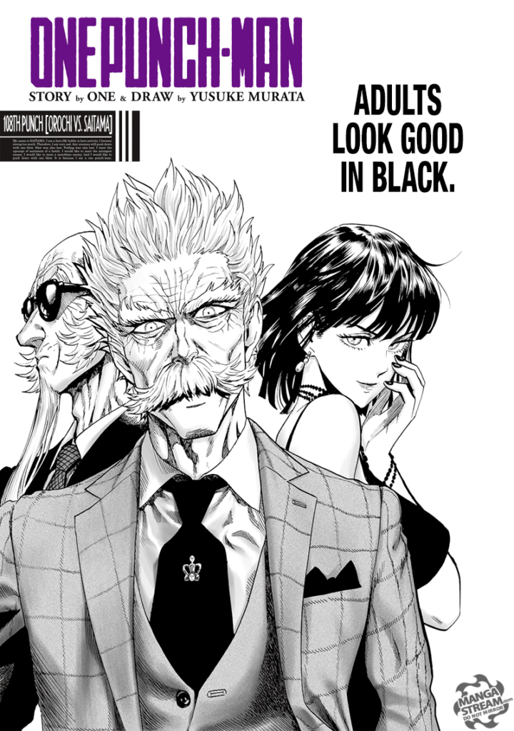 Bang is wearing a suit with a necktie with Fubuki and Bomb behind him.