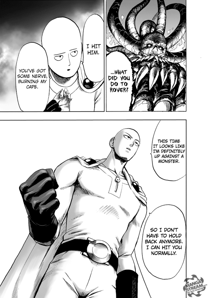 Saitama stands while clenching his fist as he seriously plans to fight Orochi.