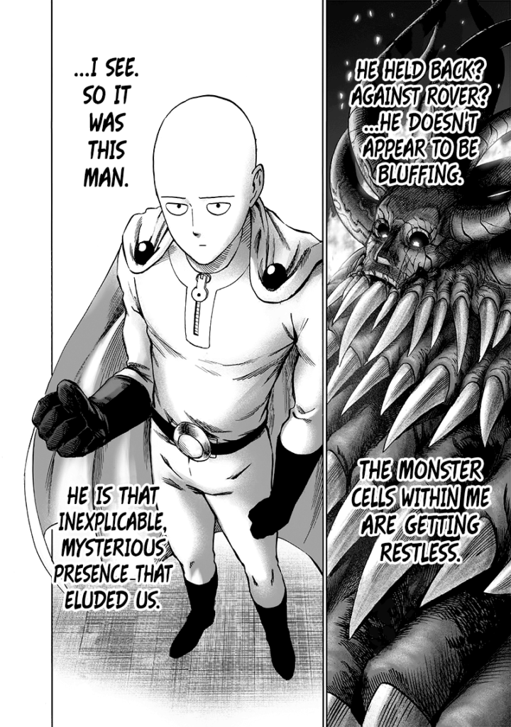 With sharp and layered teeth, Monster King Orochi observes Saitama clench his fist.