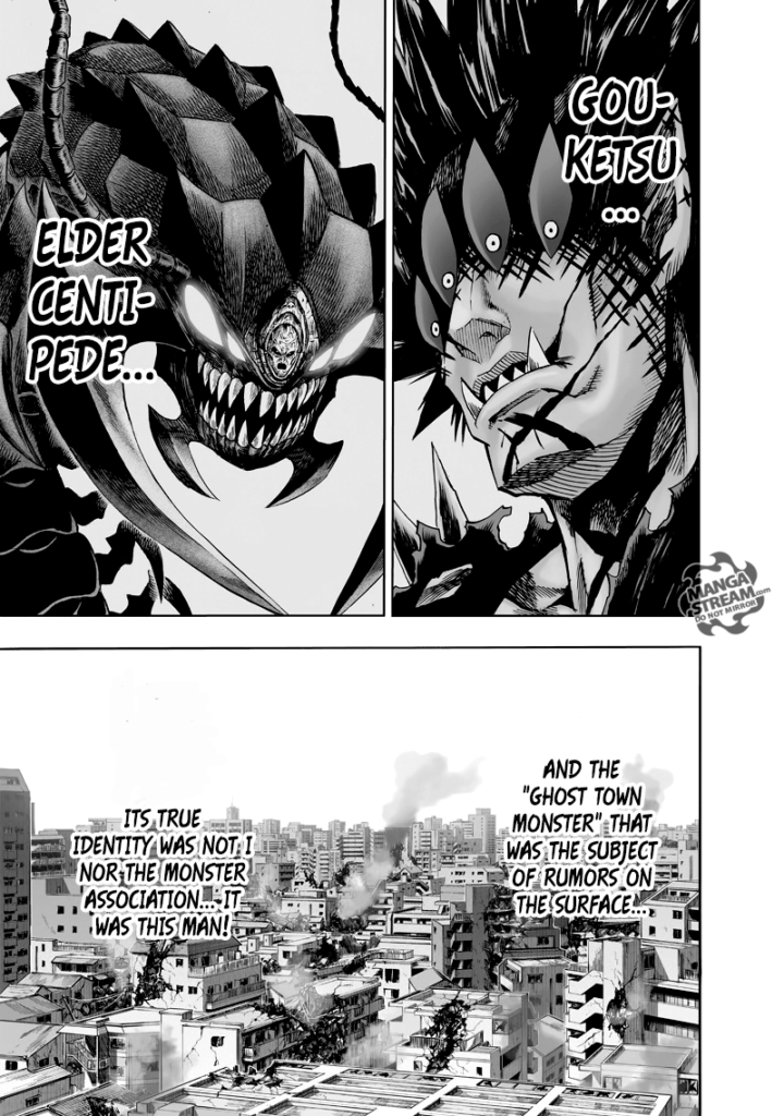 Gouketsu, Elder Centipede, and the ghost town are shown as Orochi connects the dots regarding Saitama.