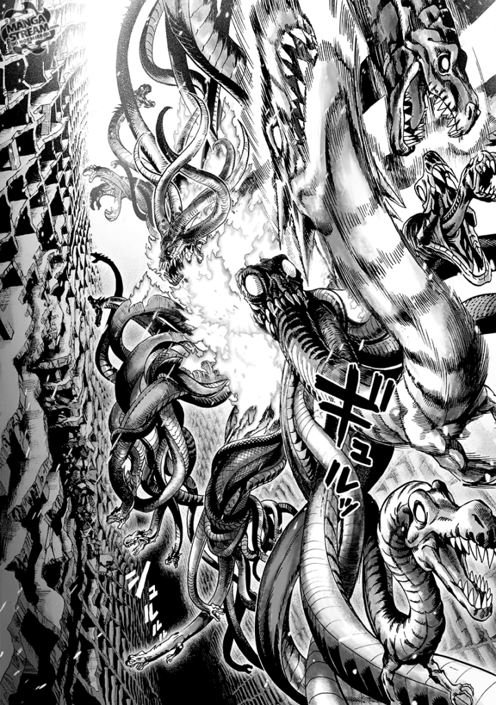 Orochi's body turns into a hideous snake monster while his body burns.