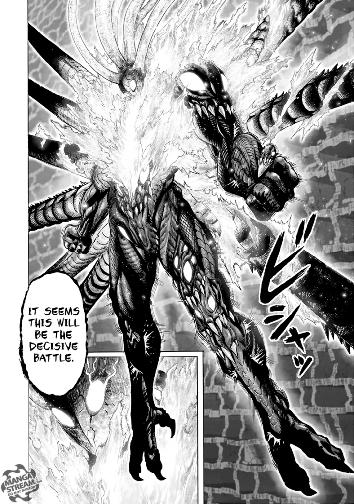 Orochi transforms his body and now has two arms, two legs, snakes coming from his back, long horns, and a flaming chest.