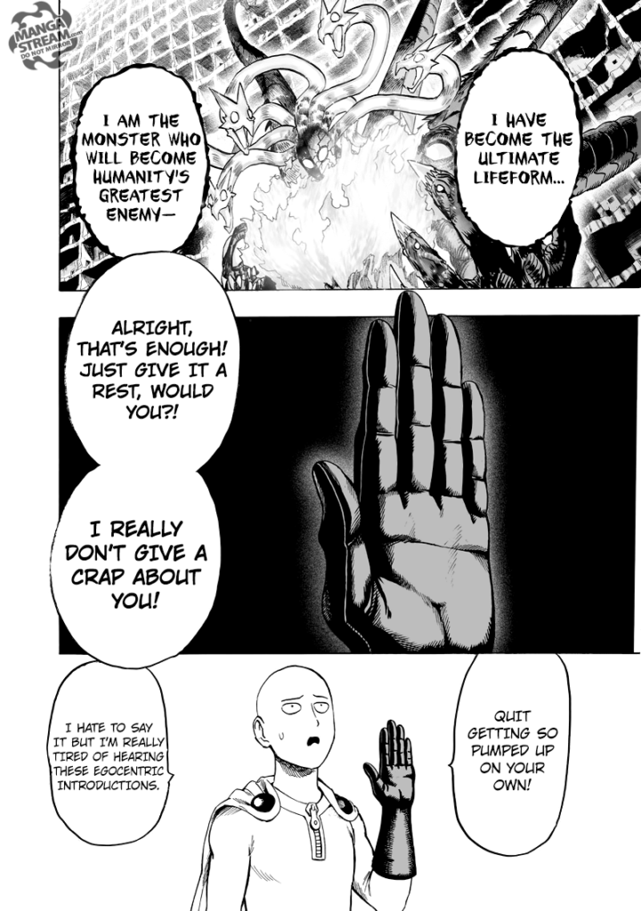 Saitama raises his fist against Orochi as he tries to stop Orochi's egocentric introductions.