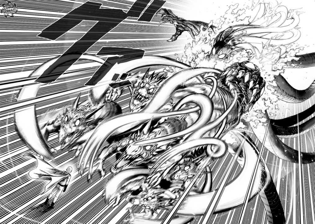 Orochi suddenly attacks Saitama using his hand, which sprouts giant snake monsters.