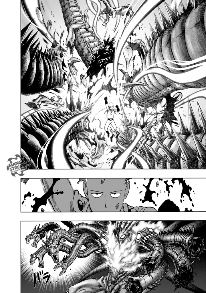 Saitama obliterates the snakes with one punch only.