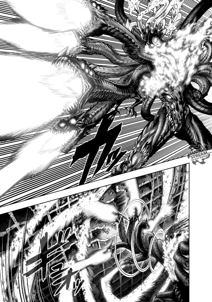 Orochi's snakes fire huge energy blasts in circles that slowly close in on Saitama.