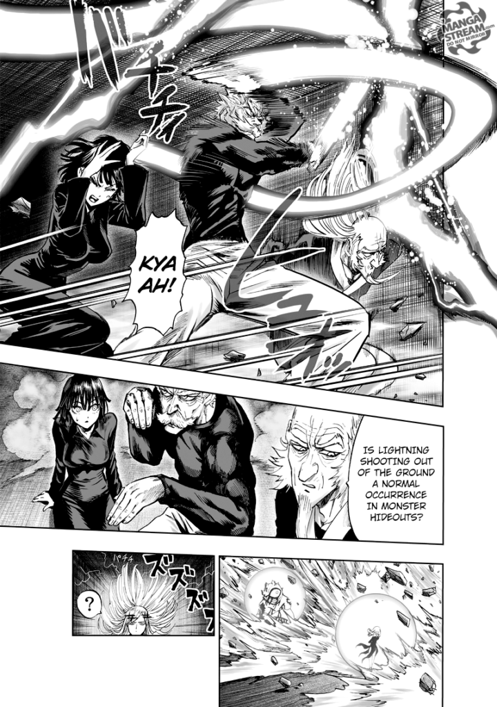 Bang and Bomb deflect the energy blast while Tatsumaki and Gyoro-Gyoro are seen shielding up a barrier.