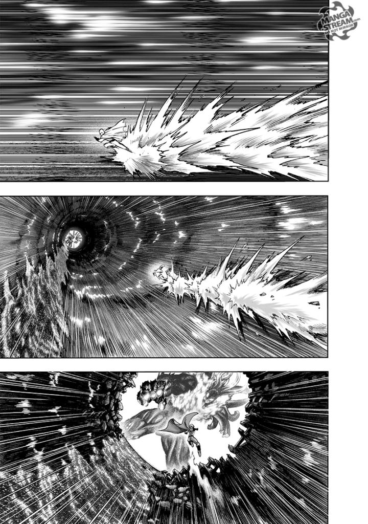 Saitama swiftly dashes from the hole and jumps as he prepares to punch Monster King Orochi.