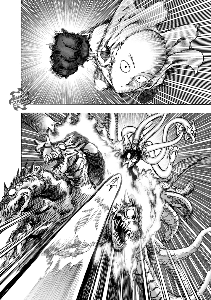 Saitama approaches Orochi with his right punch prepared.