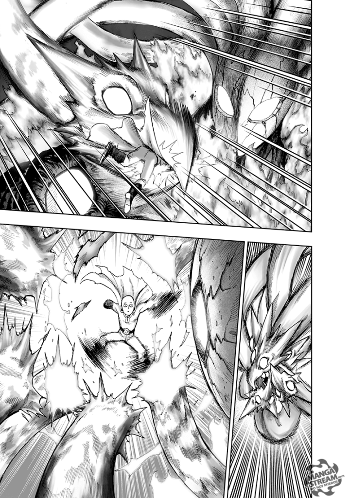 Saitama nears Orochi's face, but he gets bitten by one of the giant snakes. He swiftly destroys them.