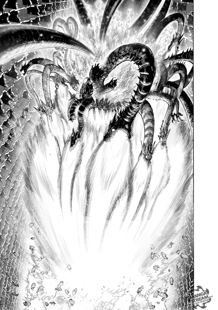 All the giant snake heads and Orochi's chest fire a powerful energy blast downward, aimed at Saitama.