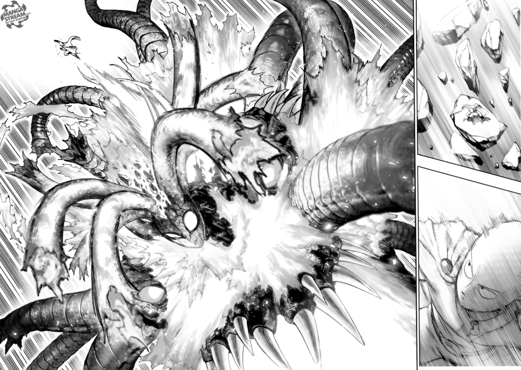 Saitama jumps from a rock and punches through Orochi, destroying the snake heads in the process.